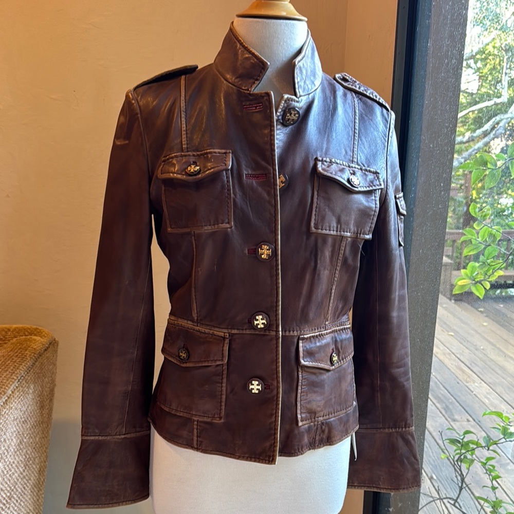 Tory Burch Distressed Military Style Genuine Leather Fitted Jacket